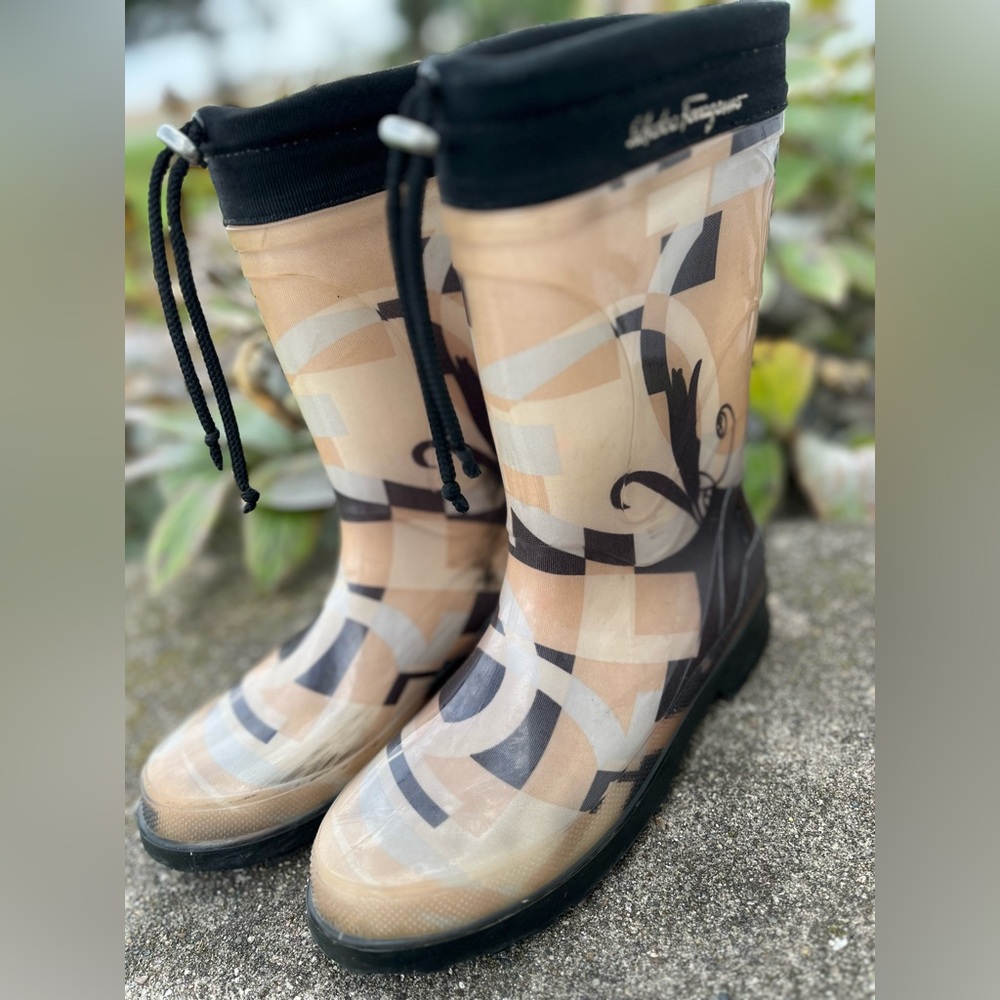Salvatore Ferragamo Black and Tan Patterned Rain Boots